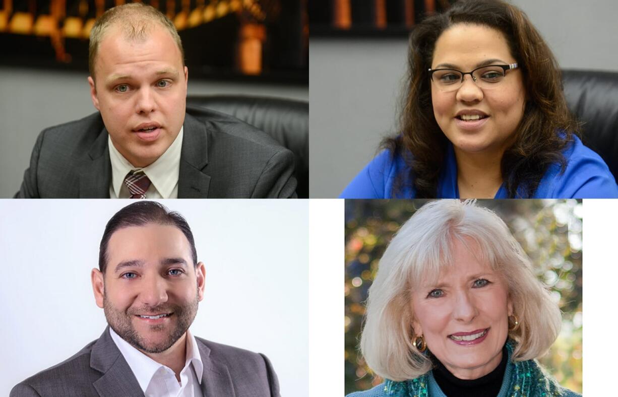 John Blom, top left, Republican candidate for the District 3 position on the Clark County council, has raised $60,393 for his campaign as of mid-October 2016, according to filings with the state's Public Disclosure Commission, more than any other candidate seeking a seat on the county council this fall. Tanisha Harris, top right, his Democratic opponent, is just behind at $55,574.