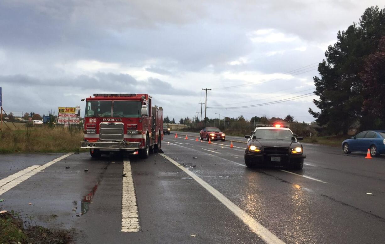 A woman was injured when a Vancouver fire engine crashed into a minivan in east Vancouver this morning.