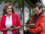 State Senate candidates Lynda Wilson, left, and Tim Probst both walk door-to-door while talking to voters in northeast Vancouver on Friday afternoon.