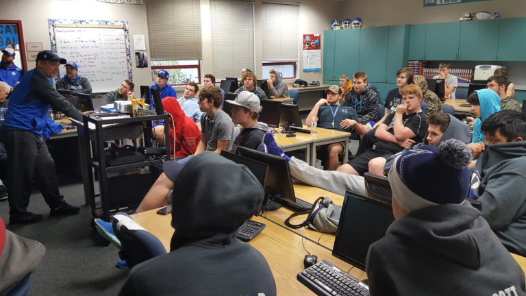 The La Center football team watches film on Thursday in preparation for its Class 1A state semifinal game against Connell on Saturday.