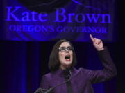 Oregon Gov. Kate Brown speaks to a crowd of supporters Tuesday after being elected at the Oregon Convention Center in Portland.