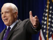 Sen. John McCain, R-Ariz., smiles as he thanks supporters after winning a sixth term Tuesday in Phoenix. He defeated Democratic challenger Rep. Ann Kirkpatrick. (Ross D.