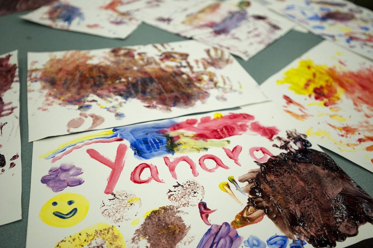 Finished artwork created by children at a 1-2-3 Grow and Learn group at Walnut Grove Elementary School on Monday afternoon is shown.