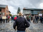 Sierra Club representative David Bybee addresses the crowd gathered at the unity rally on the WSU Vancouver campus Thursday.