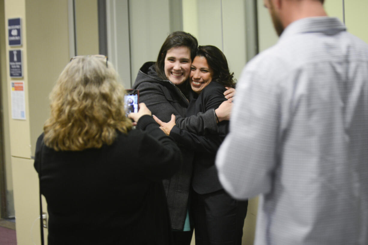 Monica Stonier, right, poses for a photo with her campaign manager, Sarah Kohout, at Clark College&#039;s Gaiser Hall on Tuesday evening.