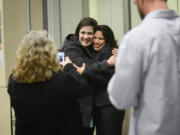 Monica Stonier, right, poses for a photo with her campaign manager, Sarah Kohout, at Clark College&#039;s Gaiser Hall on Tuesday evening.