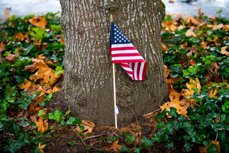 A flag placed along the route of the 29th annual Veterans Parade at Fort Vancouver on Saturday, Nov. 7, 2015.