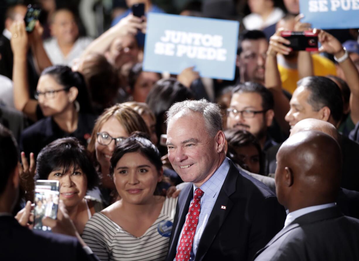 Democratic vice presidential candidate Sen. Tim Kaine, D-Va., greets supporters after speaking during a campaign stop, Thursday, Nov. 3, 2016, in Phoenix.