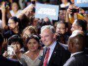 Democratic vice presidential candidate Sen. Tim Kaine, D-Va., greets supporters after speaking during a campaign stop, Thursday, Nov. 3, 2016, in Phoenix.