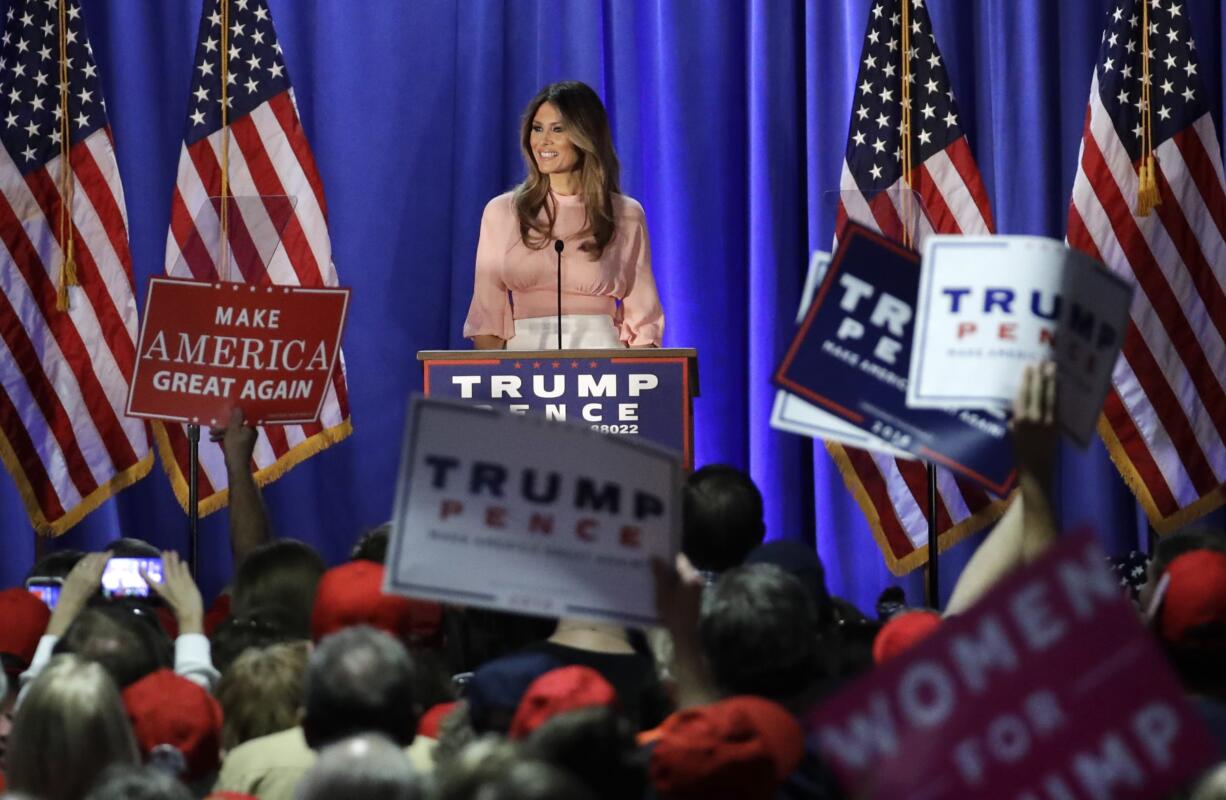 Melania Trump, wife of Republican presidential candidate Donald Trump, speaks Thursday in Berwyn, Pa. Documents obtained by The Associated Press from 20 years ago show that Melania Trump was paid for 10 modeling jobs in the United States worth $20,056 before she had legal permission to work in the country. The documents provide the most detailed accounting yet of Mrs. Trump's first months in the U.S.