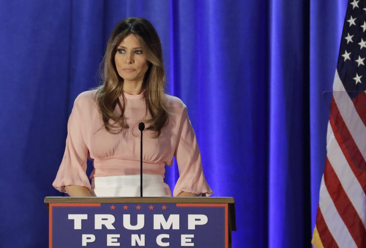 Melania Trump, wife of Republican presidential candidate Donald Trump, speaks at the Main Line Sports Center in Berwyn, Pa., Thursday, Nov. 3, 2016.