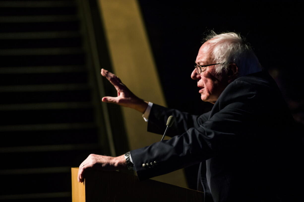 Sen. Bernie Sanders, I-Vt., addresses an overflow room while campaigning for Democratic presidential nominee, Hillary Clinton, during a Get Out the Vote rally at Colorado College on Saturday in Colorado Springs, Colo.