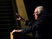 Sen. Bernie Sanders, I-Vt., addresses an overflow room while campaigning for Democratic presidential nominee, Hillary Clinton, during a Get Out the Vote rally at Colorado College on Saturday in Colorado Springs, Colo.