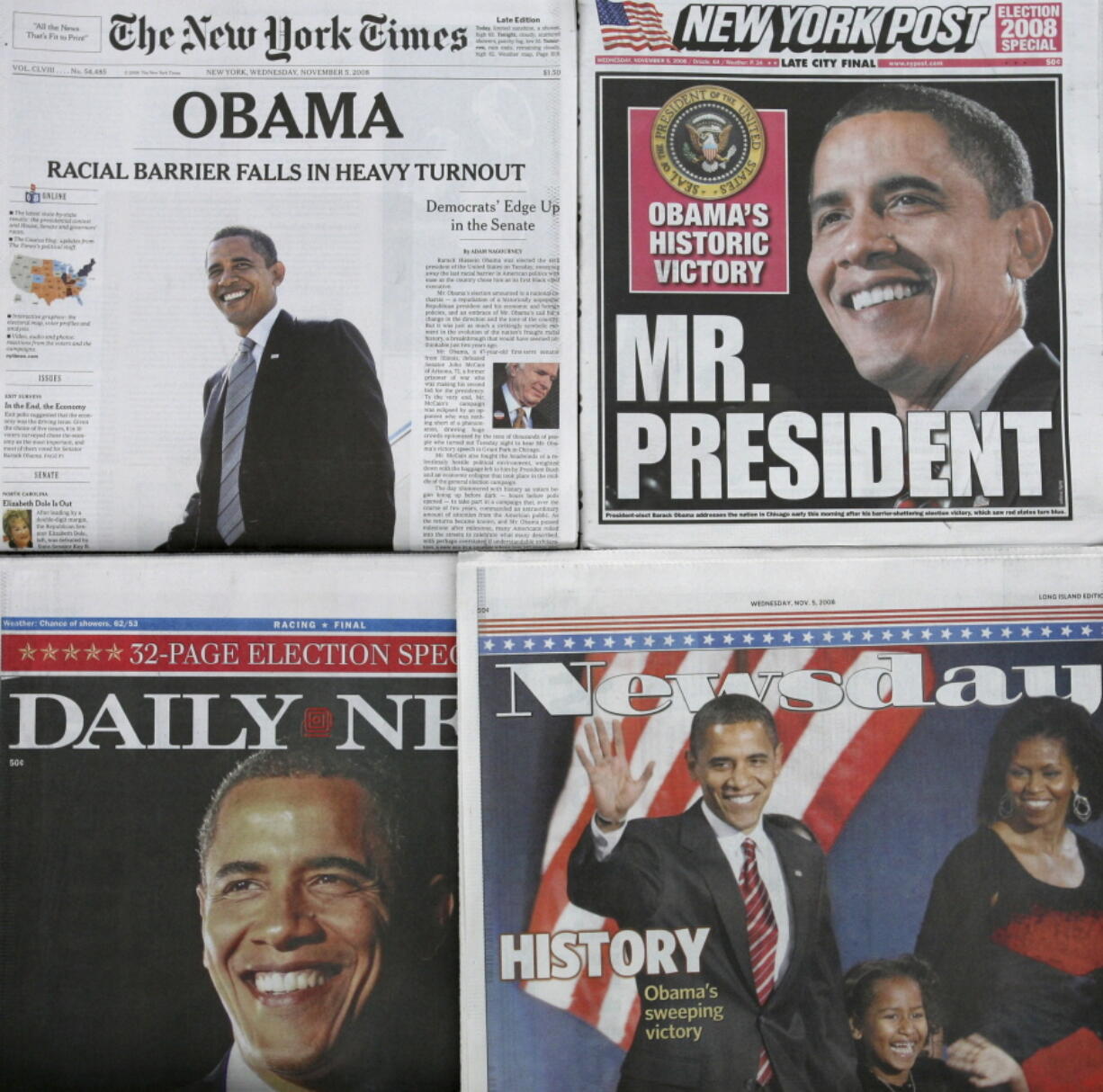 New York City newspapers are displayed in New York. Clockwise from top left are: The New York Times, the New York Post, the Daily News and Newsday. Newspapers are printing extra copies and setting up temporary retail stands after recalling the frenzy for an ink-stained memento after Barack Obama???s historic win in 2008. Many people now rely on Facebook and apps for news, but a screenshot doesn???t have quite the same romance as a newspaper???s front page.