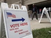 Signs direct voters outside of the Santa Clara County Registrar of Voters on Monday, Oct. 24, 2016, in San Jose, Calif. California voting rights advocates say they will monitor more polling places than usual on Election Day amid concerns about possible voter intimidation stemming from GOP presidential nominee Donald Trump's repeated assertions that the election is rigged against him.