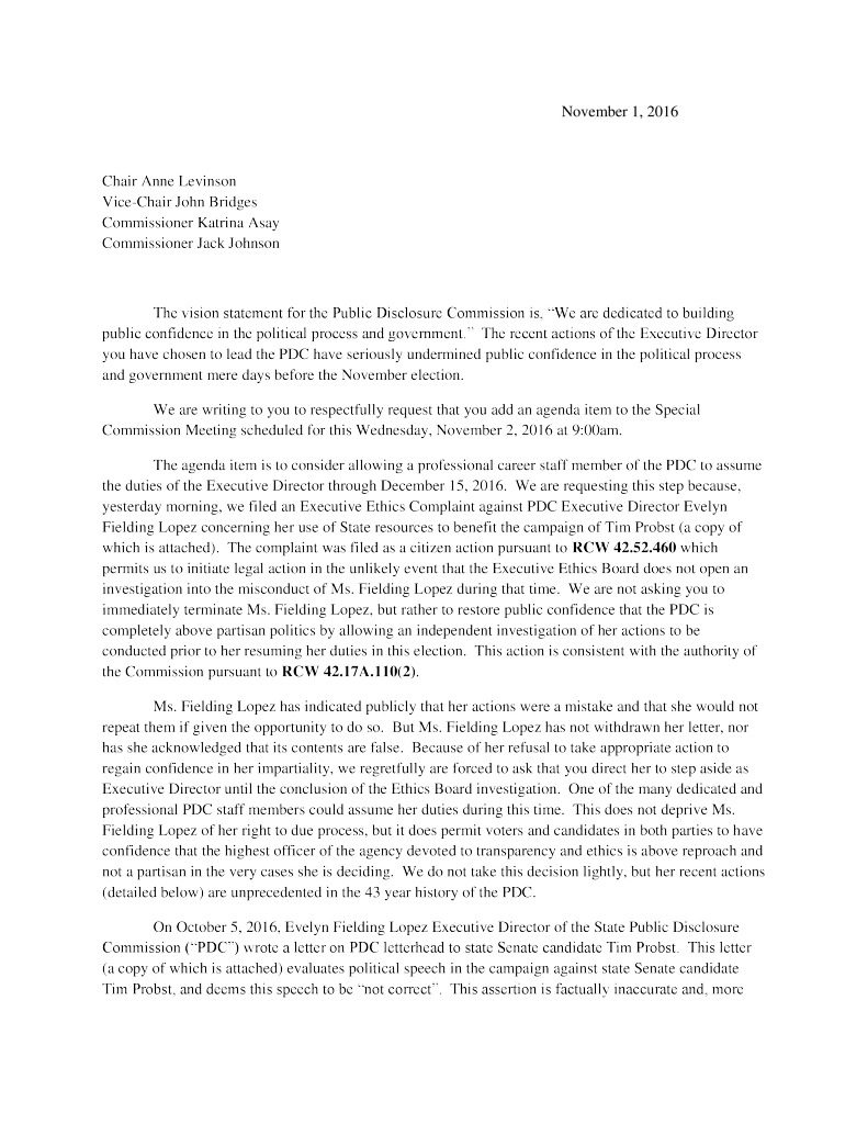 State GOP leaders sent this letter to members of the Washington Public Disclosure Commission calling on commissioners to suspend the commission's executive director. PDF