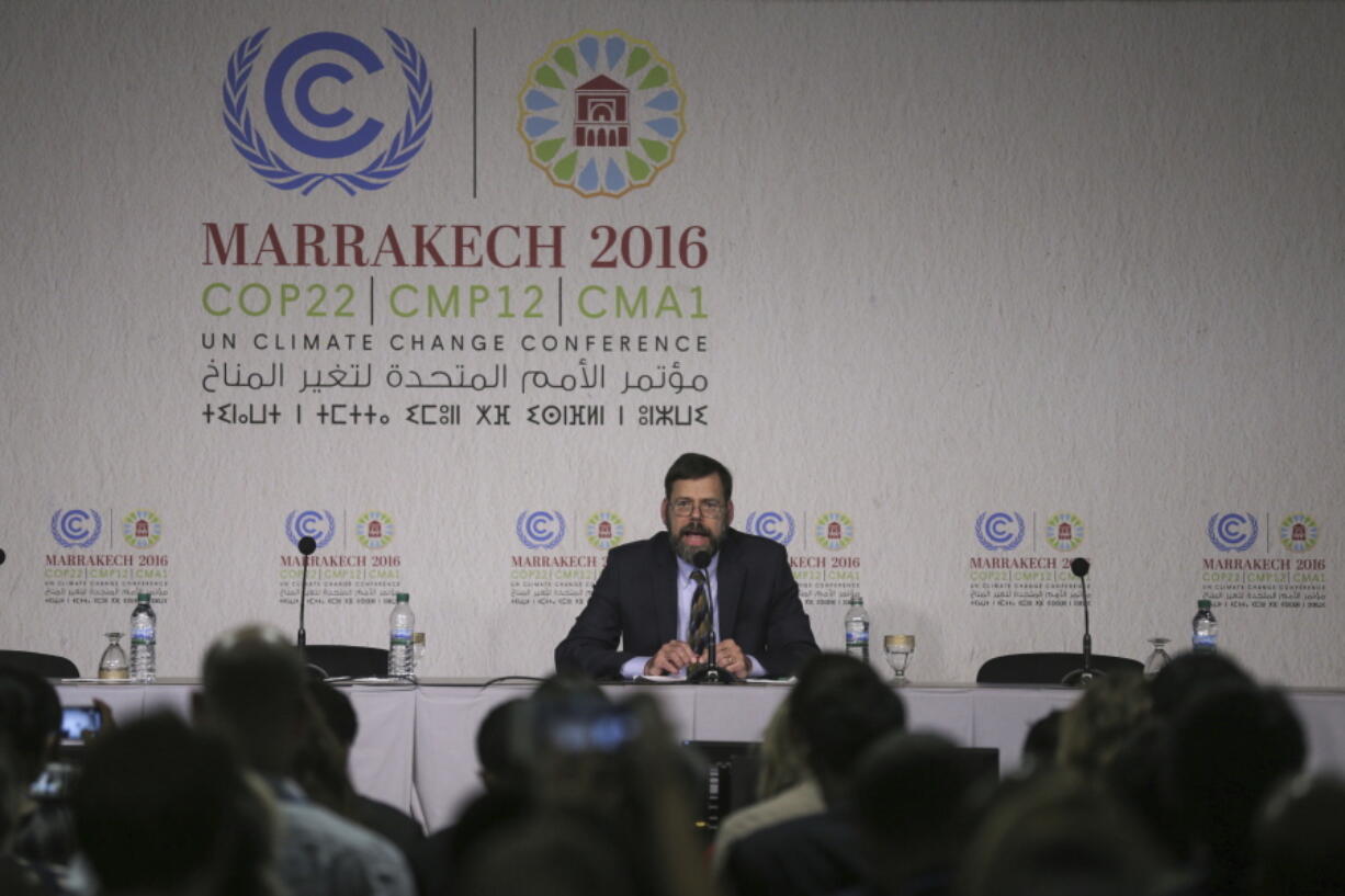 State Department Special Envoy for Climate Change, Jonathan Pershing, holds a press conference at the Climate Conference, known as COP22, in Marrakech, Morocco, on Monday.