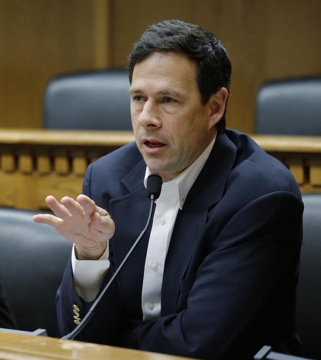 FILE - In this Jan. 8, 2015 file photo, Sen. Andy Hill, R-Redmond, the key budget writer for the Washington state Senate, speaks during the budget panel of the annual Associated Press Legislative Preview in Olympia, Wash. Hill, who was 54, died Monday, Oct. 31, 2016, of lung cancer. (AP Photo/Ted S.