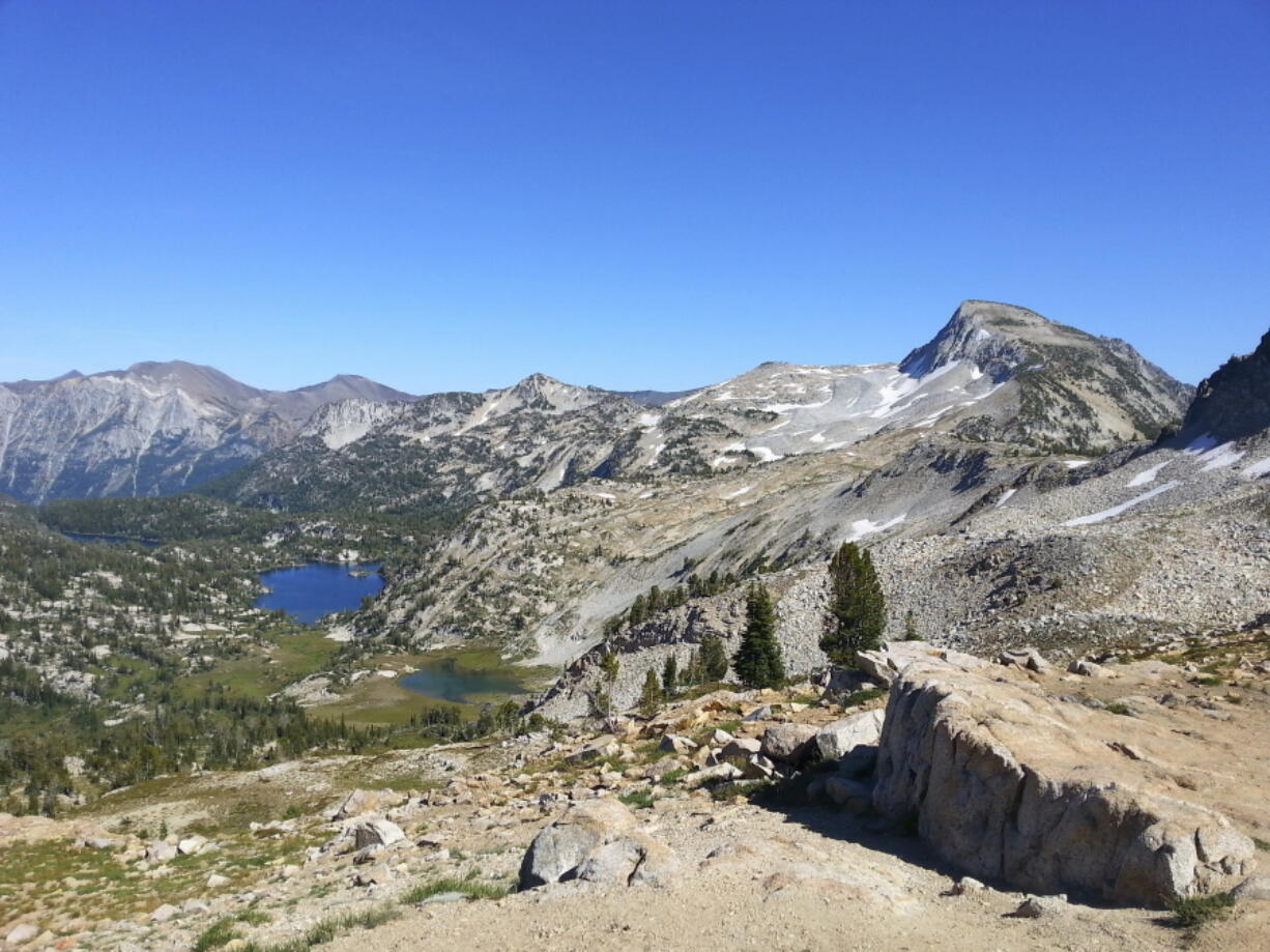 Mirror Lake, the larger lake in the left center, and Eagle Cap Peak at the far right, are among views rewarding hikers in the Lake Basin of the Eagle Cap Wilderness near Joseph, Ore.