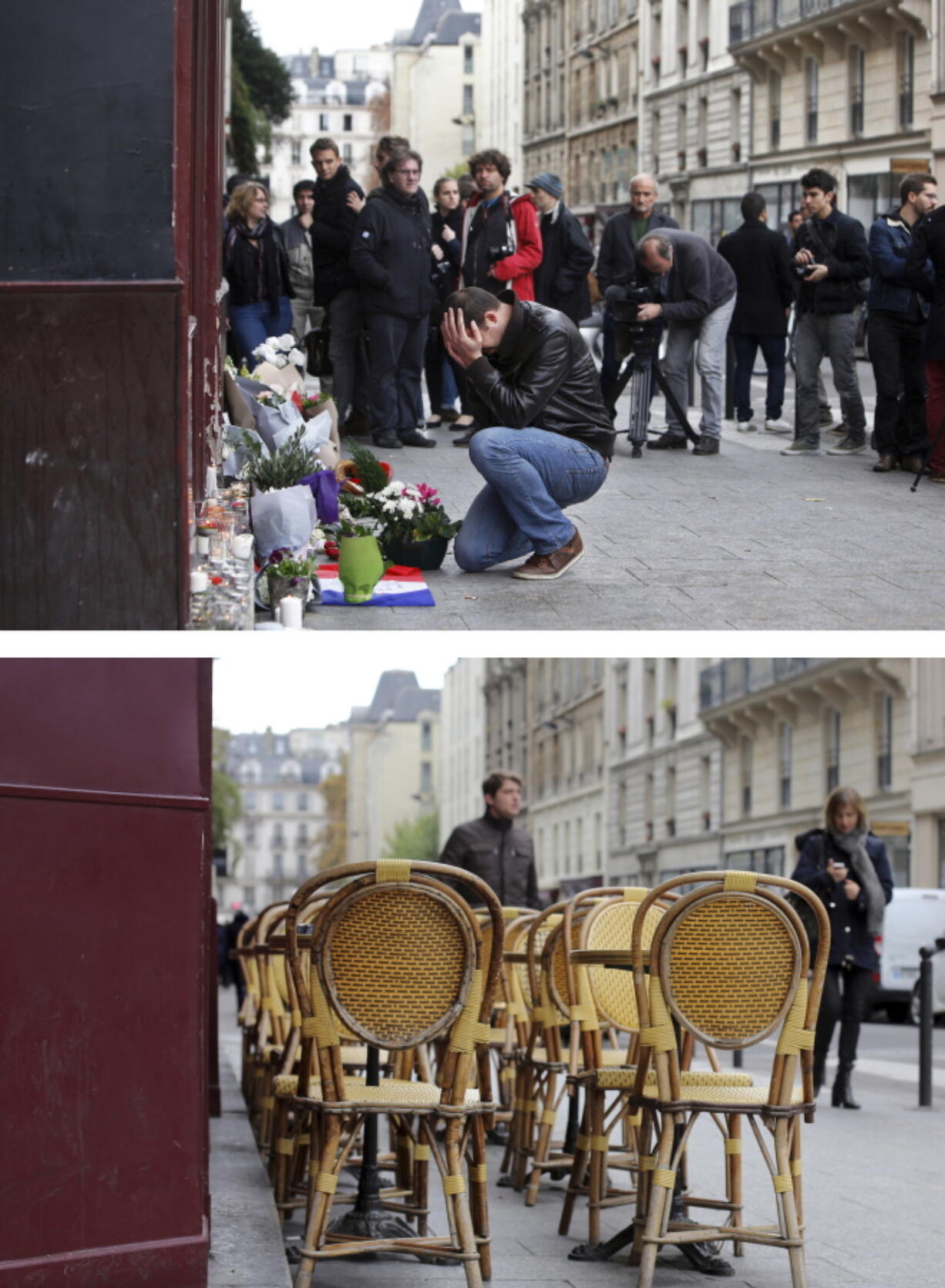 This combination of two photos shows a Nov. 14, 2015 file photo, top, of a man holding his head in his hands as he lays flowers in front of the Carillon cafe, in Paris, after the deadly attacks, and people walking past the cafe, bottom, on Tuesday.