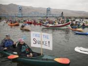 A flotilla of small vessels demonstrated in mid-September near the confluence of the Snake and Clearwater rivers at Lewiston, Idaho, in favor of removing four dams on the lower Snake River.