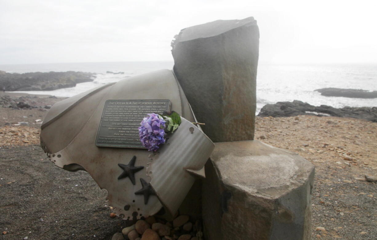 A memorial statue honoring Connor Ausland and Jack Harnsongkram at Smelt Sands State Recreation Site near Yachats on the Oregon coast. The two Oregon teens were swept out to sea by a sneaker wave at the park in 2011. Since 1990, all major sneaker wave incidents have occurred between October and April, peaking in November and March. In that time, at least 21 people have been killed by sneaker waves on the Oregon coast, and several others have been severely injured.