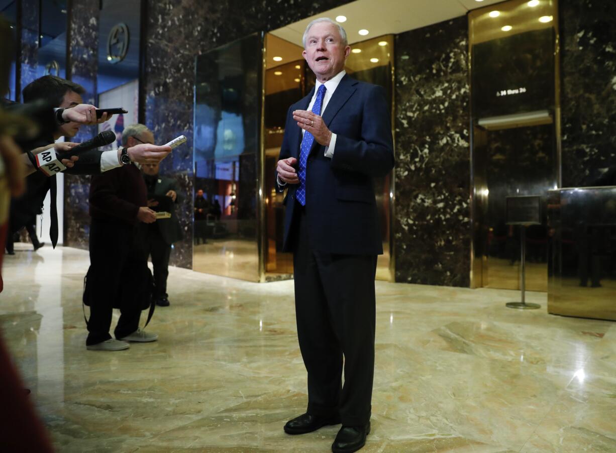 In this photo taken Nov. 17, 2016, Sen. Jeff Sessions, R-Ala. speaks to media at Trump Tower in New York. President-elect Donald Trump has picked Sessions for the job of attorney general.