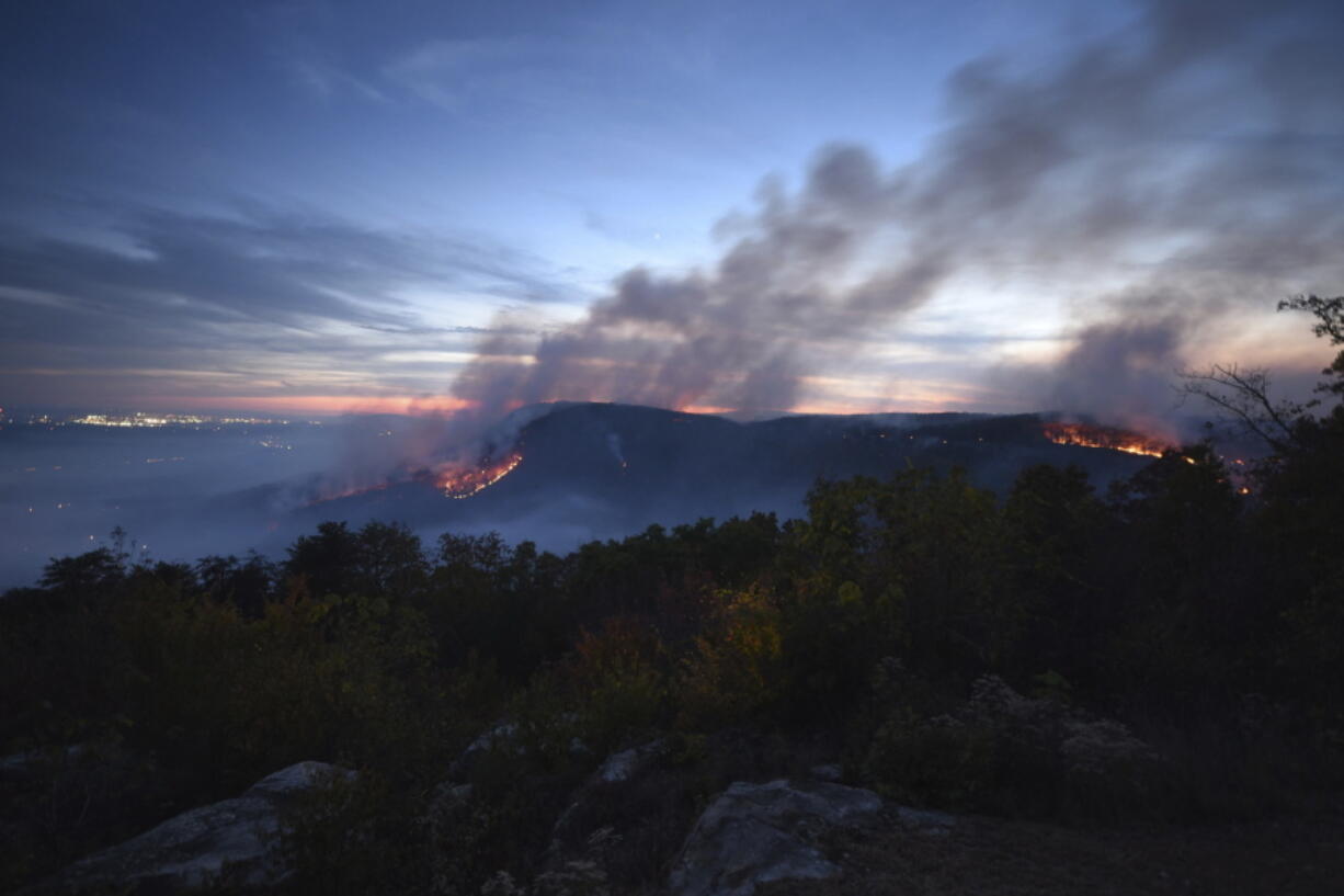 Two major fires burn Saturday at the Flipper Bend area atop Walden Ridge, seen from Soddy-Daisy, Tenn.