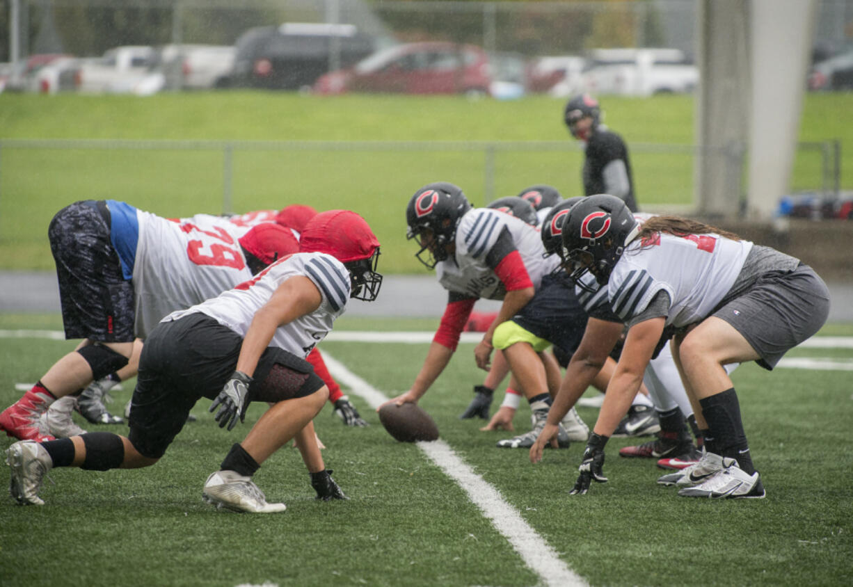 Camas High School&#039;s Dakota Napierkowski lines up with teammates at the team&#039;s practice field Wednesday afternoon, Oct. 5, 2016.