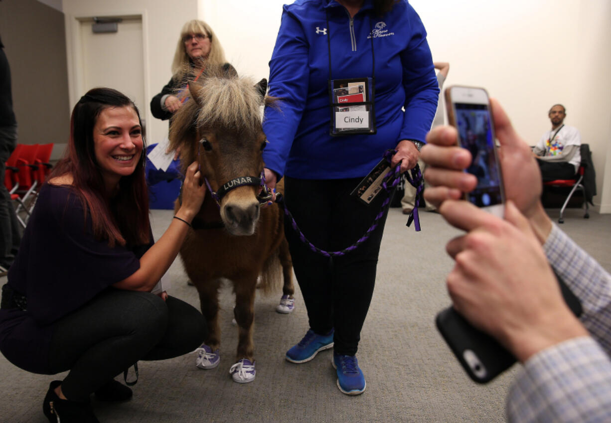 Roosevelt University staff member Amanda DePalma has her photo taken with Lunar.