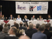 State legislators from Clark County reviewed a wide range of topics during the 2017 Legislative Outlook Breakfast on Friday morning at the Hilton Vancouver Washington. From left are Sen. Ann Rivers, R-La Center; Rep. Brandon Vick, R-Felida; Sen. Annette Cleveland, D-Vancouver; Rep.-elect Vicki Kraft, R-Vancouver; Rep. Paul Harris, R-Vancouver; Sen. Lynda Wilson, R-Vancouver; and Rep. Liz Pike, R-Camas.