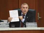 County councilor David Madore discusses the fee waiver program during the final county council hearing of the year at the Clark County Public Service Center, Tuesday December 13, 2016.