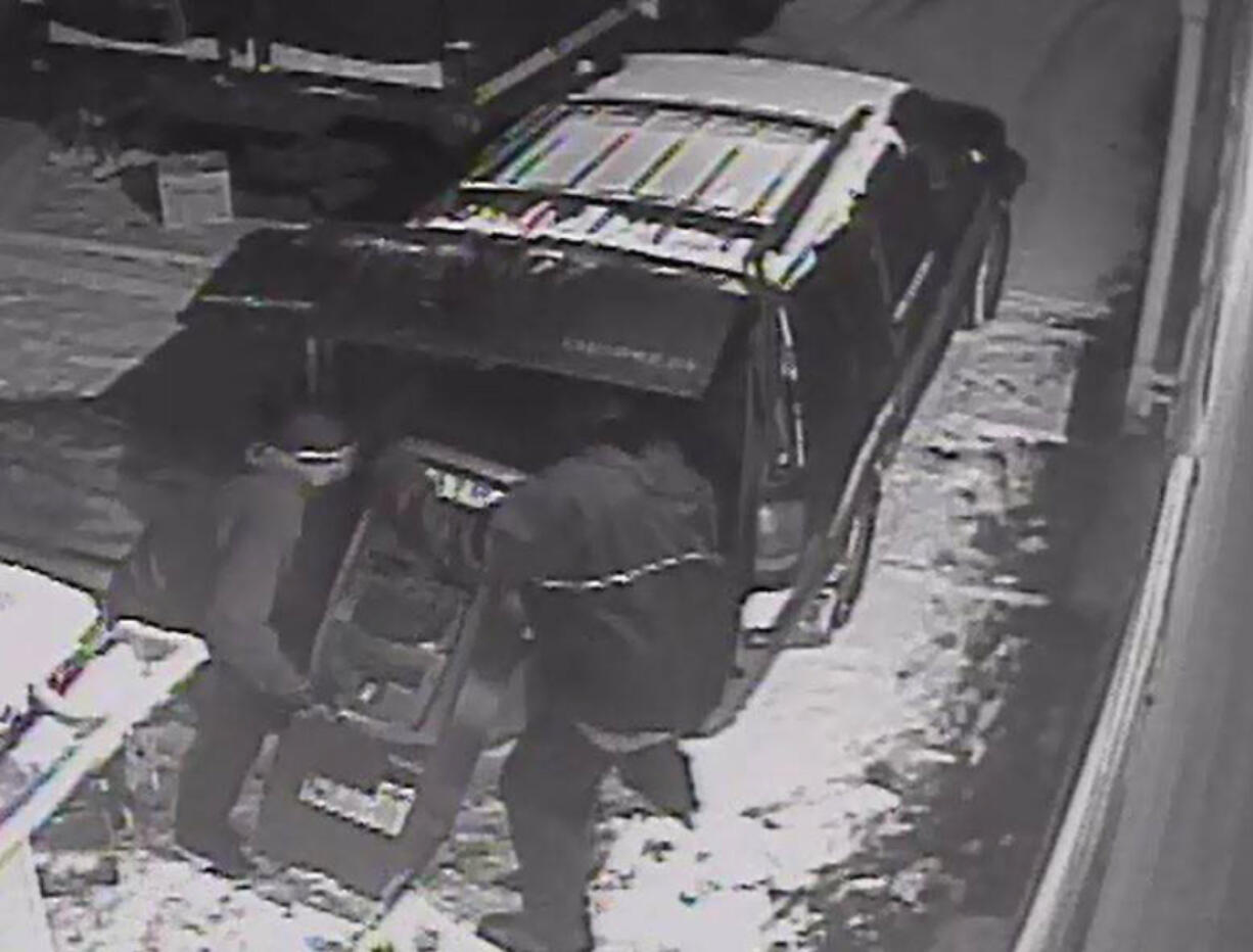 The Clark County Sheriff&#039;s Office released an image from surveillance video showing two men, seen here, in the act of stealing an ATM last week from an American Legion post in the Salmon Creek area. Investigators are seeking tips.