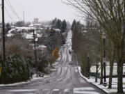 Roads were slushy Monday on Prune Hill in Camas.