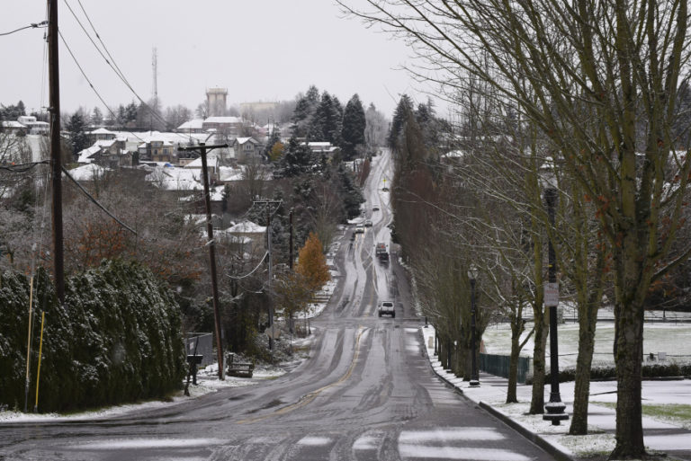 Roads were slushy Monday on Prune Hill in Camas.