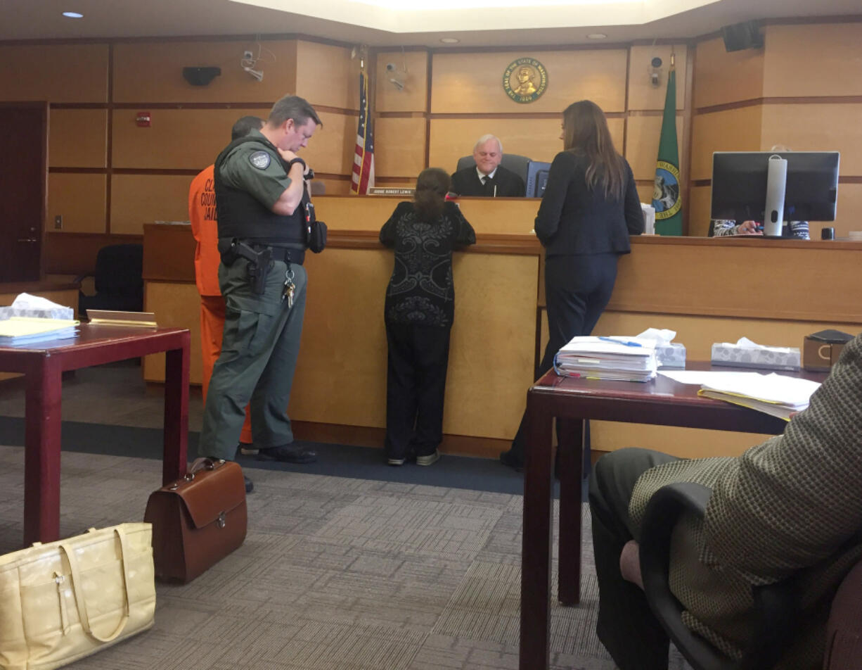 Minou Sabahi, the victim of a beating carried out by her son, asks Clark County Superior Court Judge Robert Lewis for leniency in his sentencing. Her son, Romeen Sabahi, was sentenced Friday to serve 15 1/2  years in prison for two counts of first-degree assault.