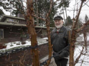 Gene Wigglesworth is seen Dec. 19 with the paperbark maple in front of his home in Vancouver. Wigglesworth formed a committee to rid First Place neighborhood of diseased plum trees.