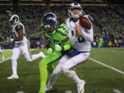 Seahawks&#039; cornerback Richard Sherman lays a big hit on Rams quarterback Jared Goff knocking him out of bounds.