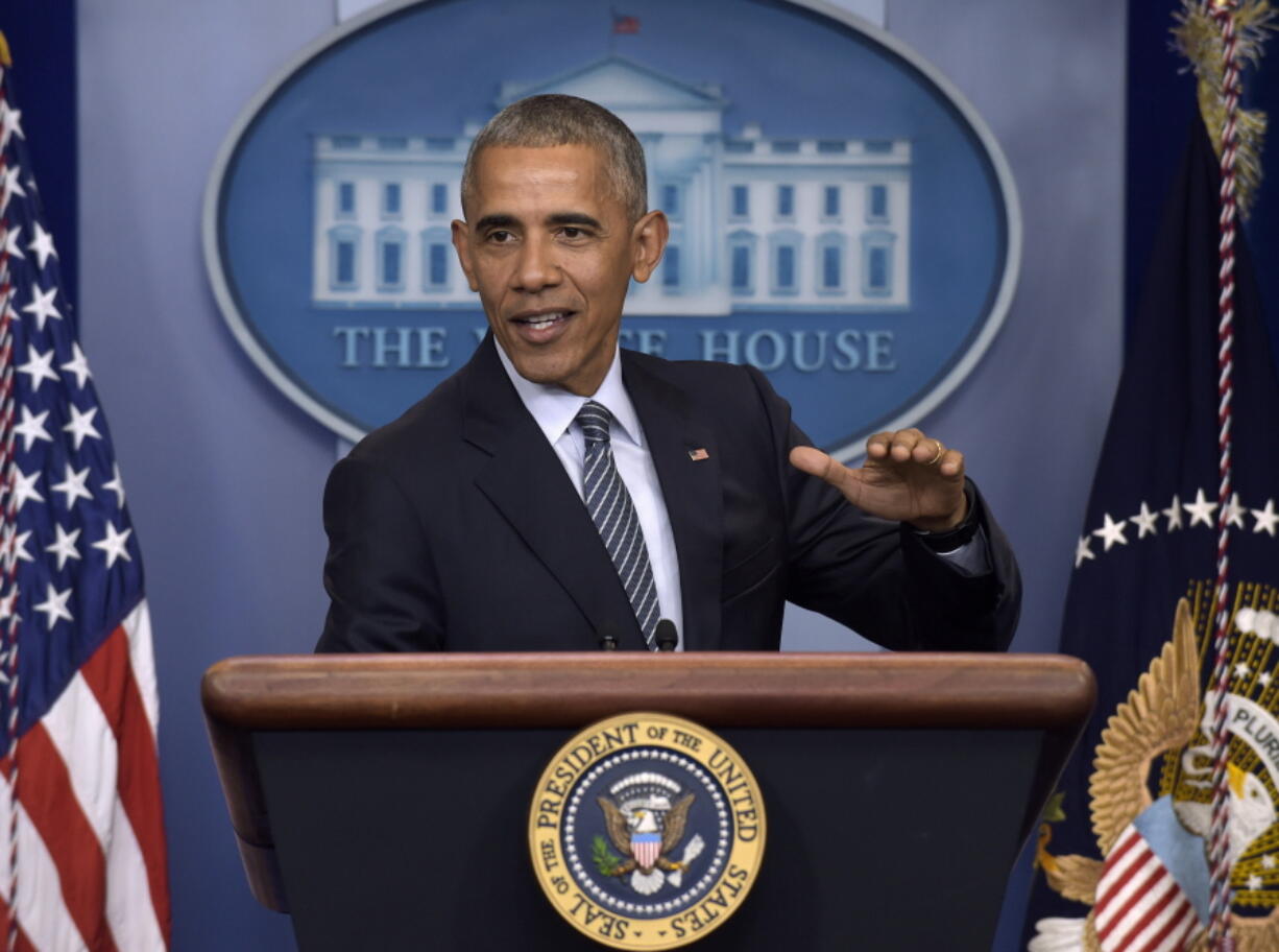 President Barack Obama speaks Nov. 14 during a news conference in the Brady press briefing room at the White House in Washington. The Reublican-led House on Friday approved a $611 billion defense policy bill that prohibits closing the prison at Guantanamo Bay, Cuba, forbids the Pentagon from trimming the number of military bases and awards U.S. troops their largest pay raise in six years.