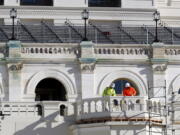 Work continues Wednesday on the stand for the inauguration of President-elect Donald Trump on the West Front of the Capitol in Washington. Trump will be sworn in at noon on Jan. 20 as America&#039;s 45th president.