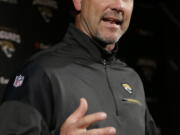 Jacksonville Jaguars head coach Gus Bradley talks to media after falling to the Houston Texans in an NFL football game Sunday, Dec. 18, 2016, in Houston. Bradley was fired after the loss. (AP Photo/David J.