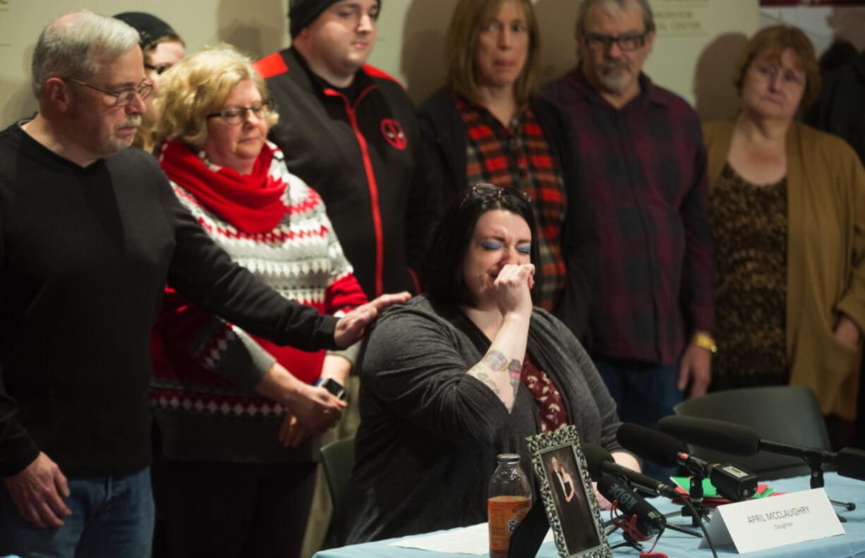 April McClaughry, daughter of Mount Vernon Officer Mike McClaughry, speaks at a news conference at Harborview Medical Center in Seattle on Friday, Dec. 23, 2016, to discuss her father&#039;s condition. Mike McClaughry was shot in the head while responding to a call last week. (Ellen M.