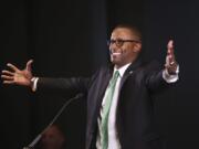 New University of Oregon NCAA college football coach Willie Taggart jokes with the audience during an introductory press conference in Eugene, Ore., Thursday Dec. 8, 2016.