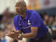 University of Portland coach Terry Porter reacts during the team's game against UCLA in Fullerton, Calif. Porter is in his first season at coach of the Pilots after some 17 seasons as a player in the NBA, then another 12 as a coach in the league.