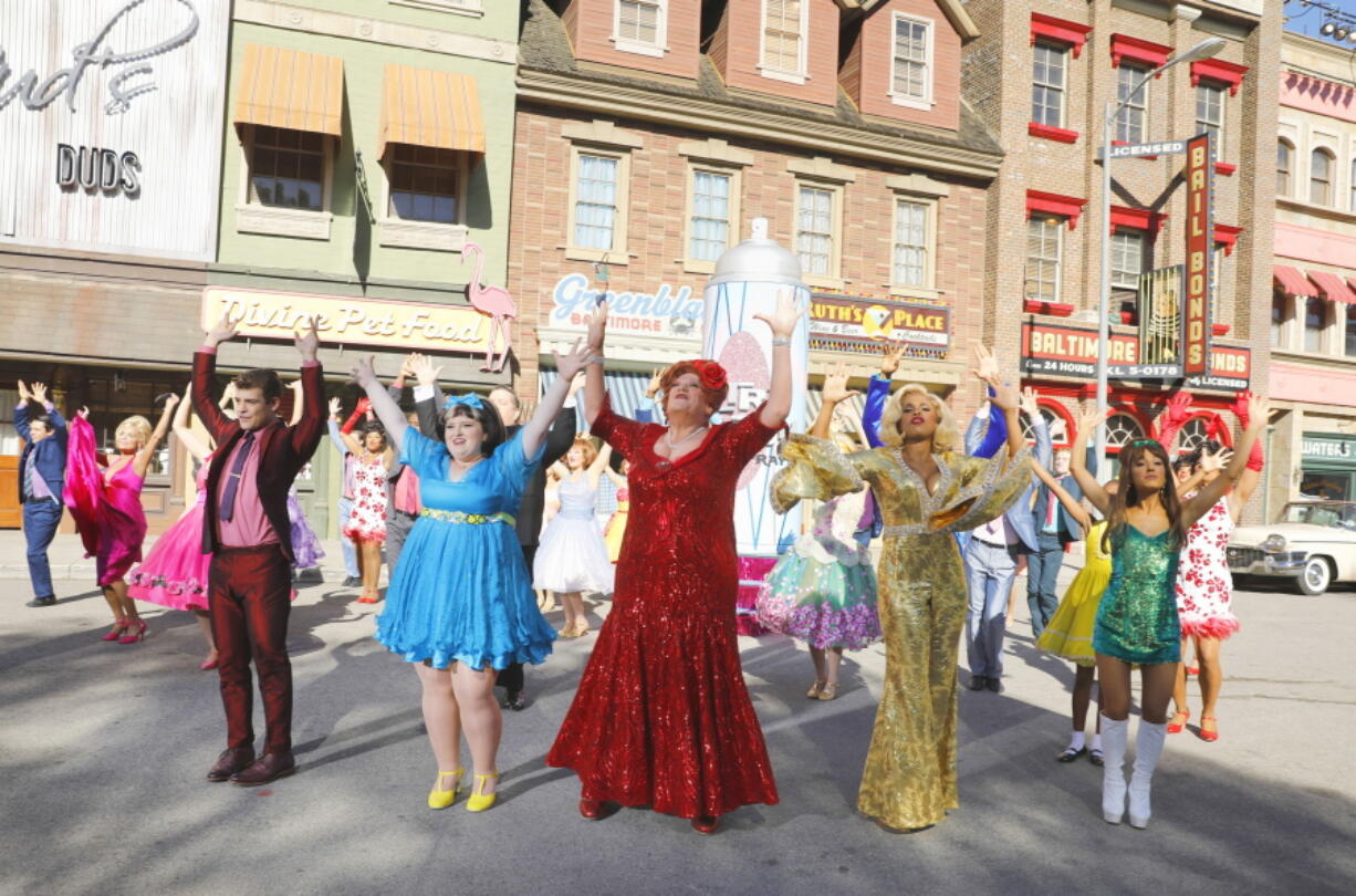 Cast members Garrett Clayton, foreground from left, Maddie Baillio, Harvey Feinstein, Jennifer Hudson and Ariana Grande take part in a dress rehearsal for &quot;Hairspray Live!&quot; which aired Dec. 7.  Sets for the musical were designed by Broadway set designer Derek McLane.