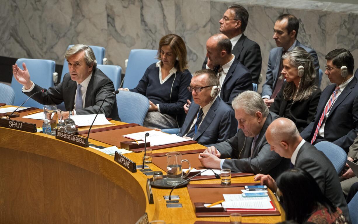 Spanish Ambassador to the U.N. Roman Oyarzun Marchesi, speaks following a vote by the Security Council at the United Nations headquarters on Saturday, Dec. 31, 2016, to pass a resolution supporting efforts by Russia and Turkey to end violence in Syria and jumpstart peace negotiations.