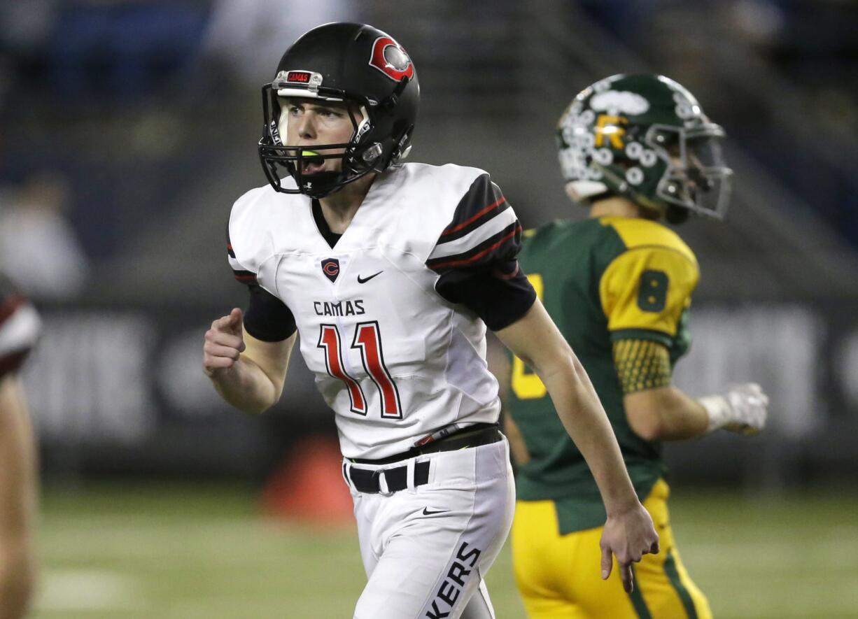 Camas kicker Michael Boyle (11) reacts after his field goal against Richland during the first half of the Washington Div. 4A high school football championship, Saturday, Dec. 3, 2016, in Tacoma, Wash. (AP Photo/Ted S.