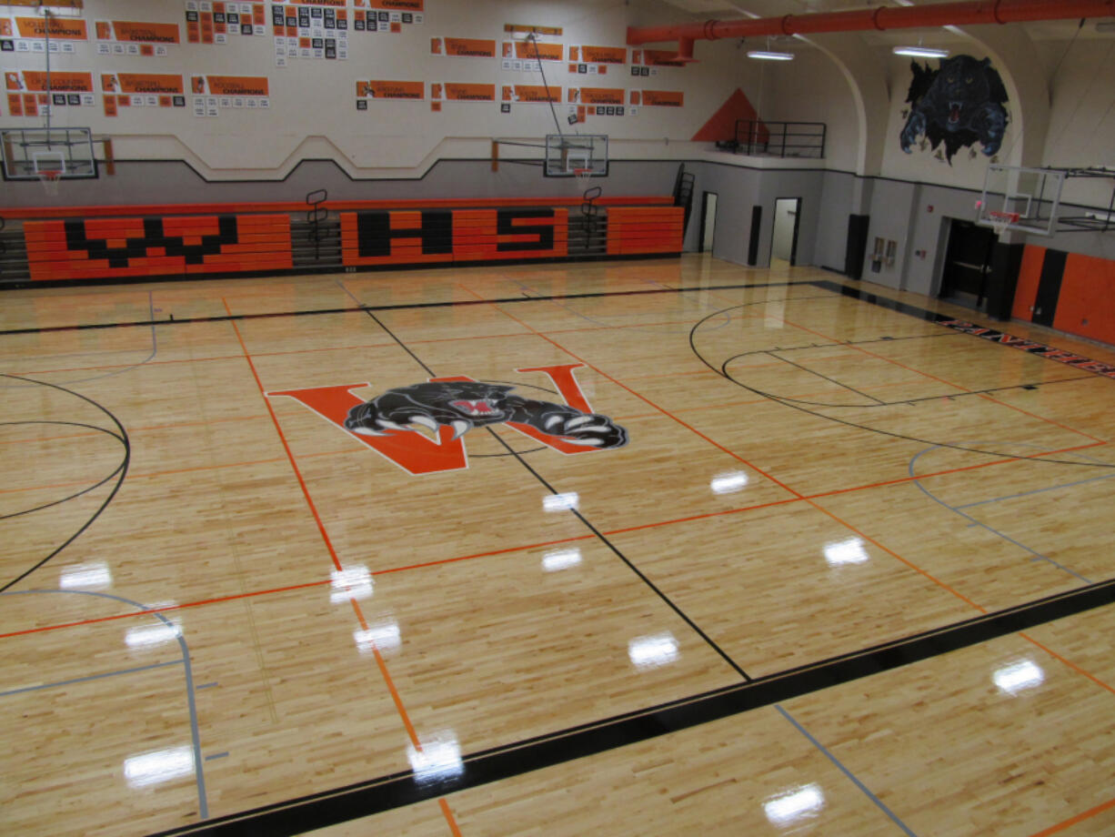 Looking down on the new hardwood floor installed inside the Joe Brown Gymnasium at Washougal High School. A ribbon cutting ceremony will take place on Tuesday, Sept.