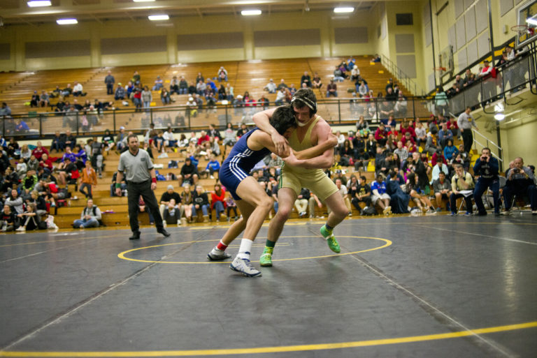 King's Way Christian's Mike Garrison and Evergreen's Kevin Williams struggle for points at the Clark County Wresting Tournament at Hudson's Bay High School on Saturday, January 21, 2017. Garrison beat Williams to win the 195-pound weight class.