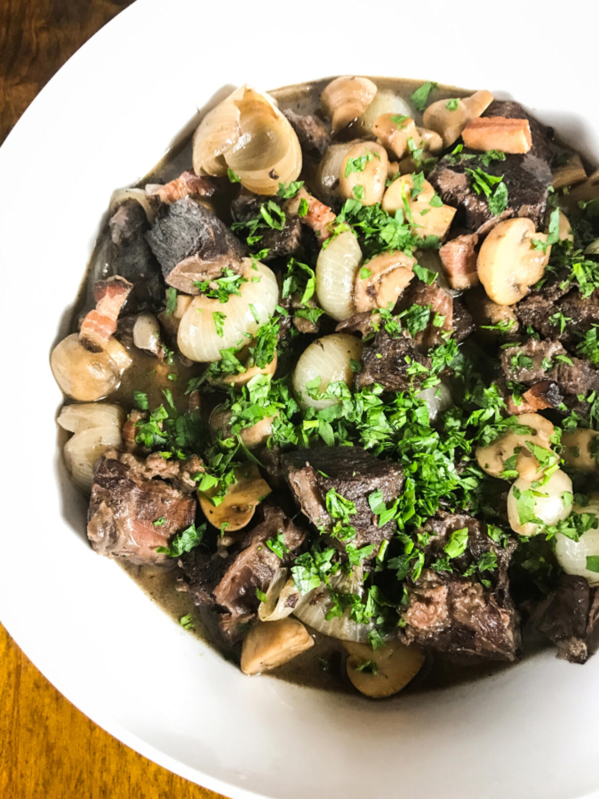 Beef bourguignon with buttered egg noodles, prepared by Leslie Brenner in her Dallas kitchen from her own recipe.